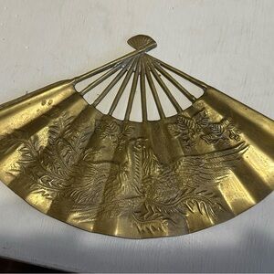 Vintage mid century brass Metal Fan Bird Dragon wall decor